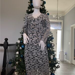 Elegant Lace Overlay Dress in Black and Gray